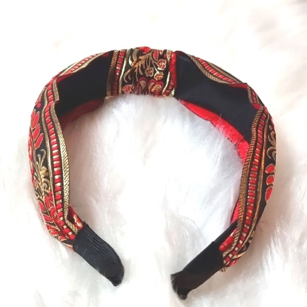 JEWELTONE JACQUARD SATIN FABRIC top knot red gold black headband